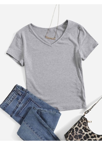 V Yaka Gri Renk Fitilli Kısa Kollu Slim Fit Crop Top Bluz