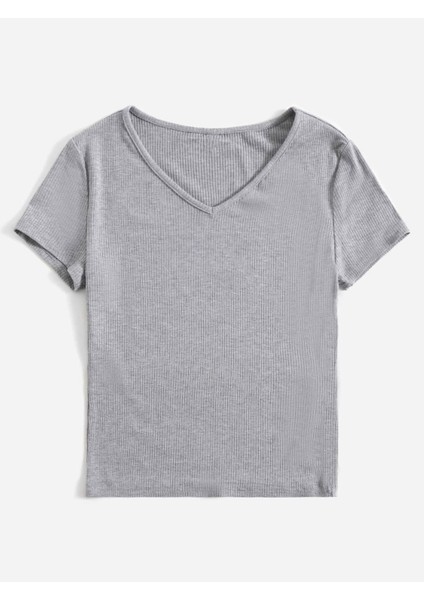 V Yaka Gri Renk Fitilli Kısa Kollu Slim Fit Crop Top Bluz fiyatları