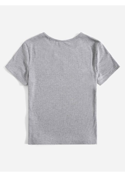 V Yaka Gri Renk Fitilli Kısa Kollu Slim Fit Crop Top Bluz modelleri