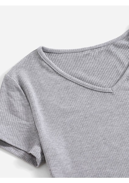 V Yaka Gri Renk Fitilli Kısa Kollu Slim Fit Crop Top Bluz fırsatları