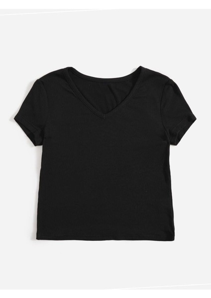 V Yaka Siyah Renk Fitilli Kısa Kollu Slim Fit Crop Top Bluz fiyatları
