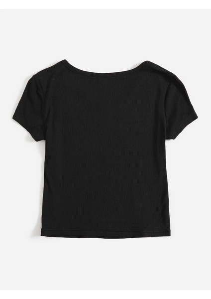 V Yaka Siyah Renk Fitilli Kısa Kollu Slim Fit Crop Top Bluz modelleri