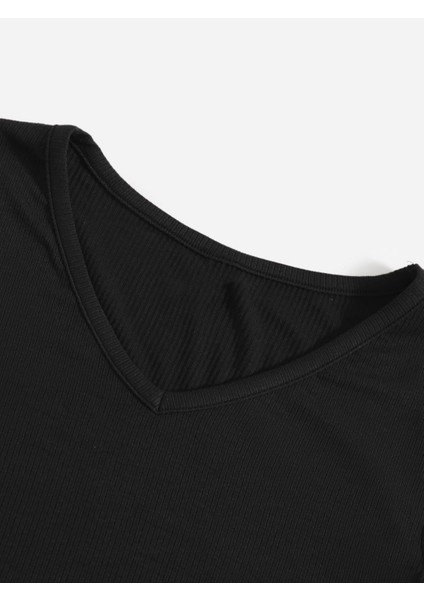 V Yaka Siyah Renk Fitilli Kısa Kollu Slim Fit Crop Top Bluz fırsatları