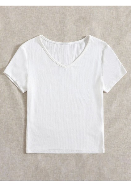 V Yaka Beyaz Renk Fitilli Kısa Kollu Slim Fit Crop Top Bluz fiyatları