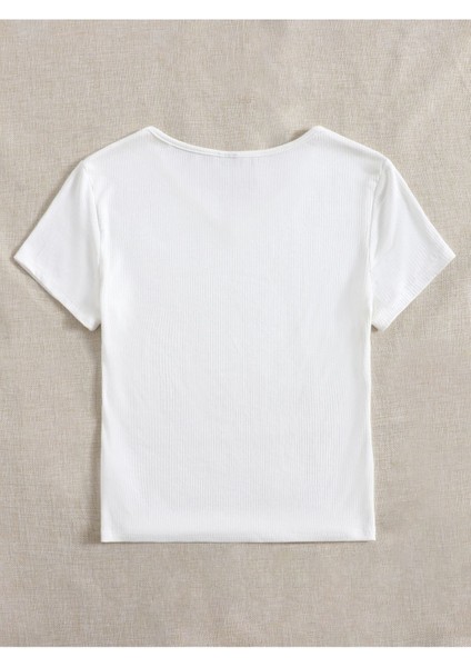 V Yaka Beyaz Renk Fitilli Kısa Kollu Slim Fit Crop Top Bluz modelleri