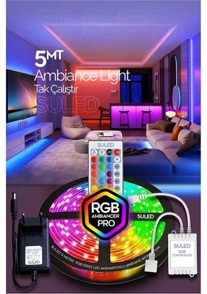 5 Metre Animasyonlu Tak Çalıştır Kumandalı Trafolu Rgb Şerit Işık Aydınlatma Parti LED