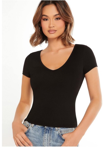 V Yaka Siyah Renk Fitilli Kısa Kollu Slim Fit Crop Top Bluz