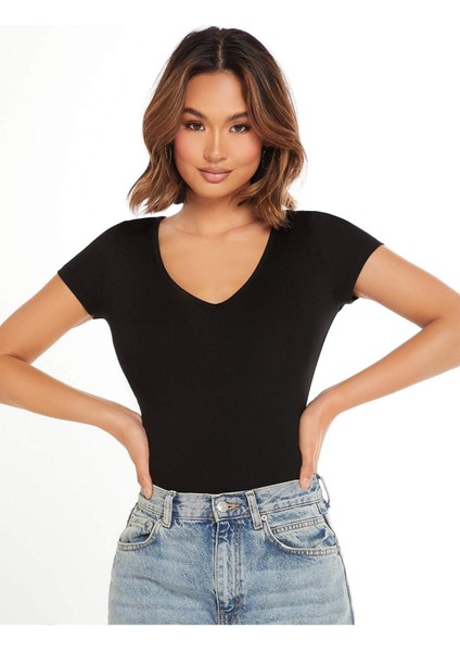 V Yaka Siyah Renk Fitilli Kısa Kollu Slim Fit Crop Top Bluz modelleri