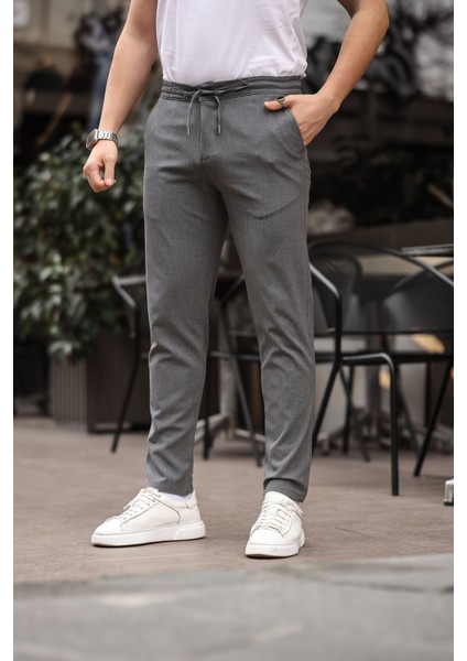 Erkek Gri Jogger Kesim Bel Lastikli Esnek Likralı Silimfit Kumaş Pantolon