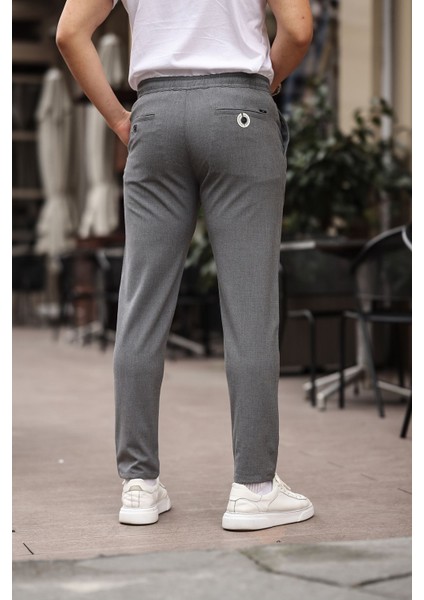 Erkek Gri Jogger Kesim Bel Lastikli Esnek Likralı Silimfit Kumaş Pantolon