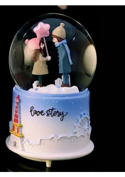 Love Story Taneli Renk Değiştiren Işıklı Müzikli Püskürtmeli Büyük Boy Kar Küresi Mavi