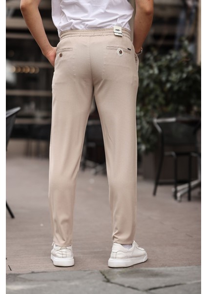 Erkek Bej Jogger Kesim Bel Lastikli Esnek Likralı Silimfit Kumaş Pantolon