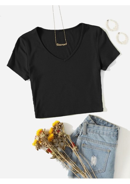 V Yaka Siyah Renk Fitilli Kısa Kollu Regular Crop Top Bluz