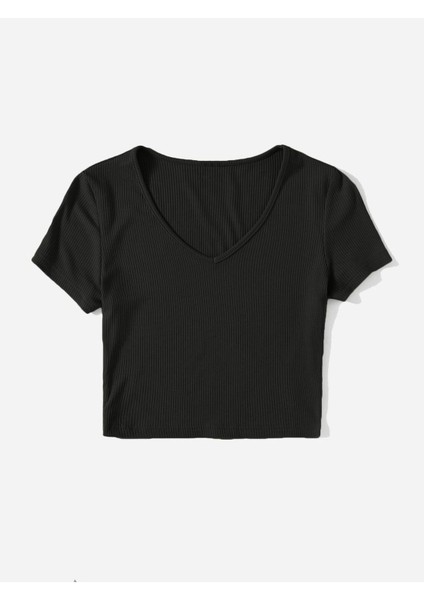 V Yaka Siyah Renk Fitilli Kısa Kollu Regular Crop Top Bluz fiyatları