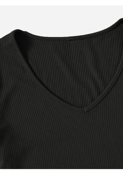 V Yaka Siyah Renk Fitilli Kısa Kollu Regular Crop Top Bluz modelleri