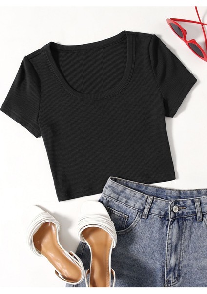 U Yaka Siyah Renk Fitilli Kısa Kollu Regular Crop Top Bluz