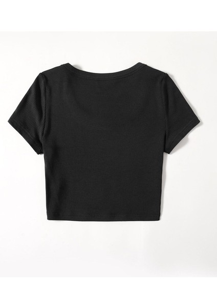 U Yaka Siyah Renk Fitilli Kısa Kollu Regular Crop Top Bluz
