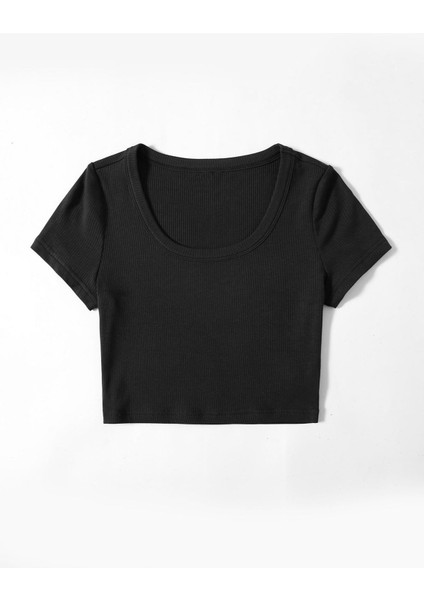 U Yaka Siyah Renk Fitilli Kısa Kollu Regular Crop Top Bluz