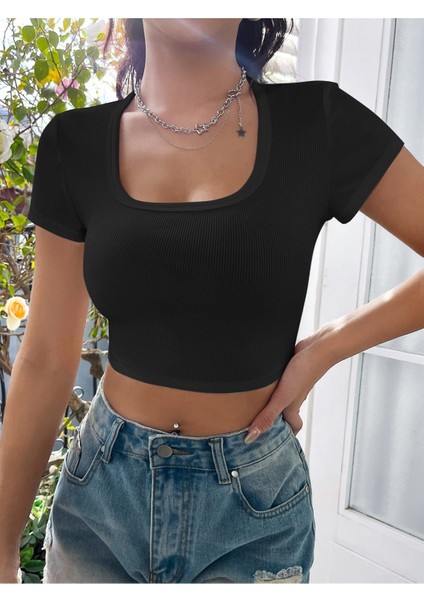 Kare Yaka Siyah Renk Fitilli Kısa Kollu Slim Fit Crop Top Bluz