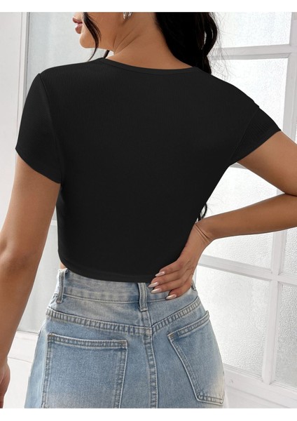 Kare Yaka Siyah Renk Fitilli Kısa Kollu Slim Fit Crop Top Bluz fiyatları