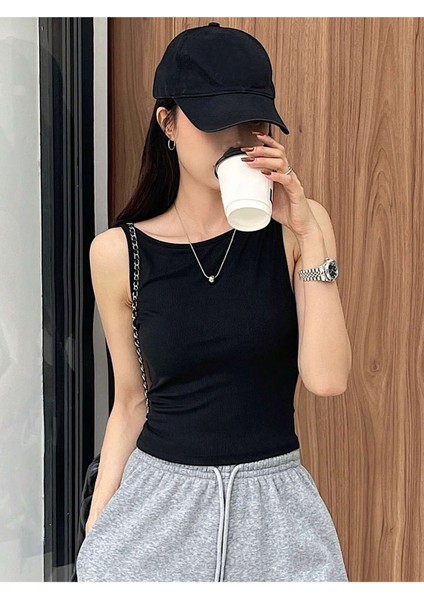 Havuz Yaka Omuzu Açık Askılı Siyah Renk Fitilli Crop Top Bluz modelleri