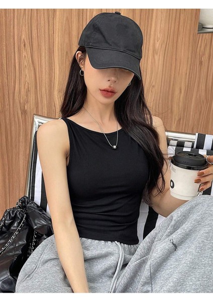 Havuz Yaka Omuzu Açık Askılı Siyah Renk Fitilli Crop Top Bluz indirimleri