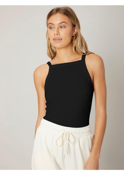 Kare Yaka Omuzu Açık Askılı Siyah Renk Fitilli Bluz indirimleri