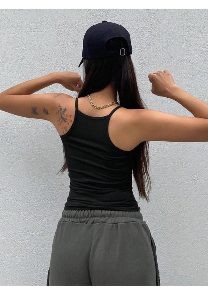 U Yaka Omuzu Açık Askılı Yüzücü Sırtlı Siyah Renk Fitilli Bluz
