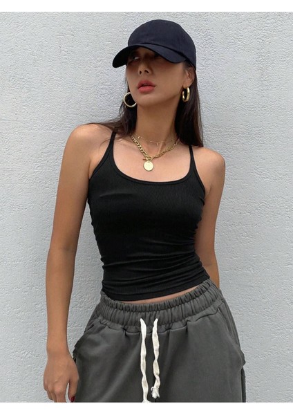 U Yaka Omuzu Açık Askılı Yüzücü Sırtlı Siyah Renk Fitilli Bluz fiyatları