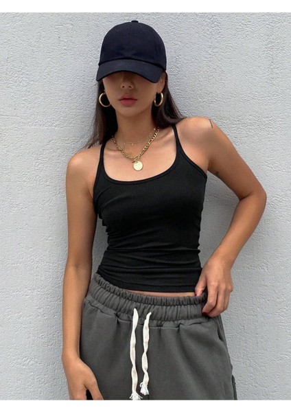 U Yaka Omuzu Açık Askılı Yüzücü Sırtlı Siyah Renk Fitilli Bluz fırsatları