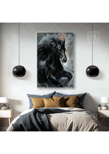 Asil Siyah At Yağlı Boya Efektli Görünümlü Dikey Kanvas Tablo