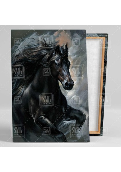 Asil Siyah At Yağlı Boya Efektli Görünümlü Dikey Kanvas Tablo fiyatları