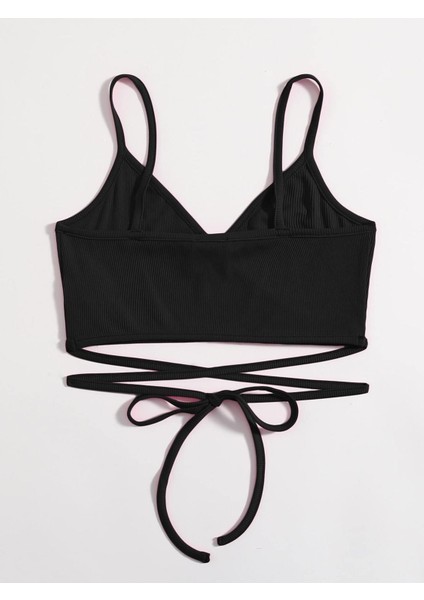 V Yaka Askılı Ipli Siyah Renk Fitilli Super Crop Top Büstiyer fiyatları