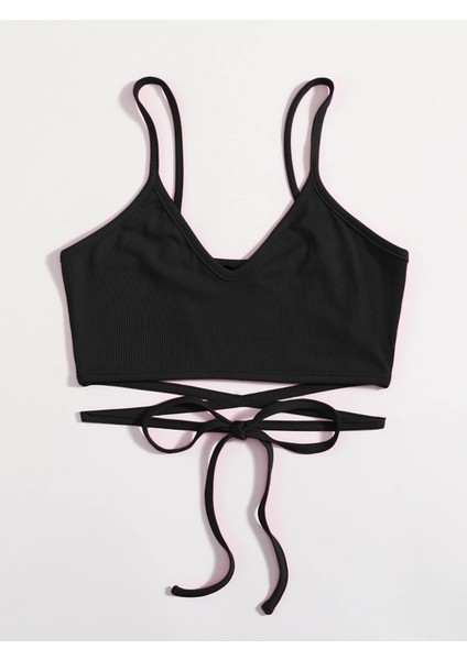 V Yaka Askılı Ipli Siyah Renk Fitilli Super Crop Top Büstiyer modelleri