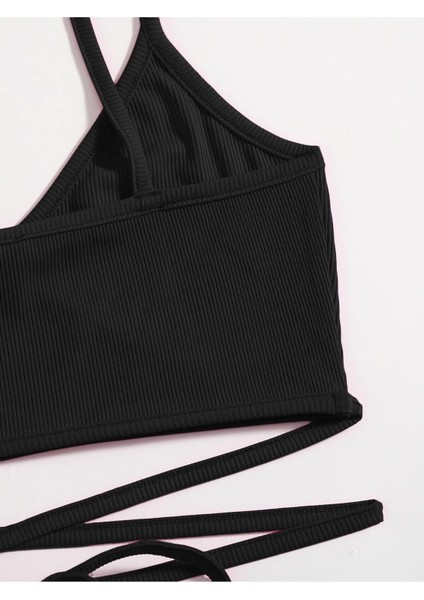 V Yaka Askılı Ipli Siyah Renk Fitilli Super Crop Top Büstiyer fırsatları