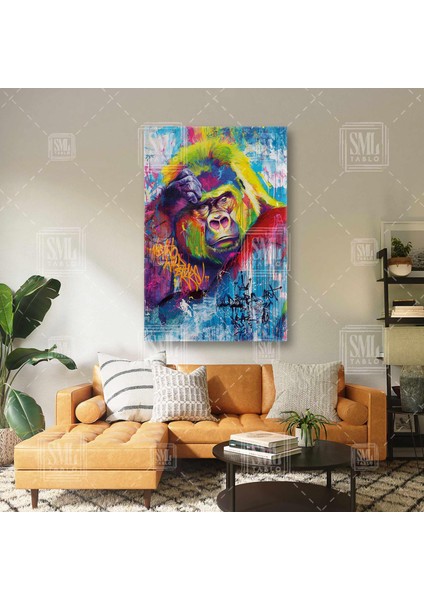 Eli Kafasında Düşünen Pop Art Grafitti Goril Banksy Tarzı Dikey Kanvas Tablo