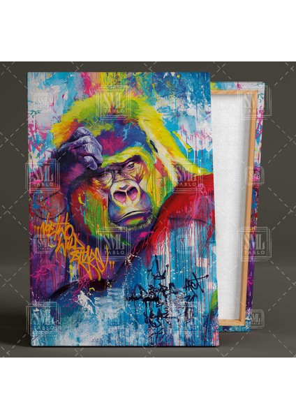 Eli Kafasında Düşünen Pop Art Grafitti Goril Banksy Tarzı Dikey Kanvas Tablo