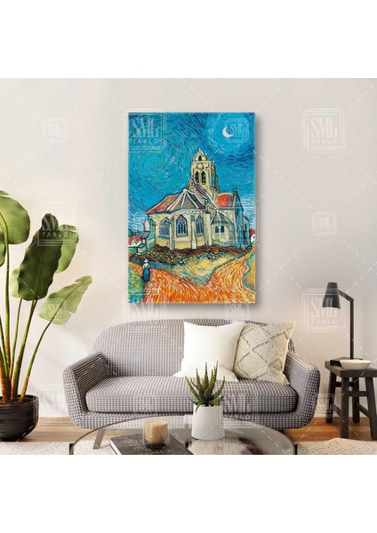 Van Gogh Angel Vincent The Church In Auvers Gece Mavi Gökyüzü ve Ay Vincent Kilisede Dikey Kanvas Tablo