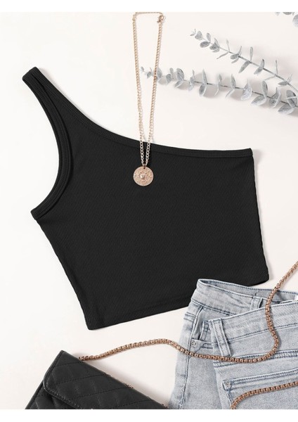 Asimetrik Yaka Kolsuz Tek Omuz Askılı Siyah Renk Fitilli Crop Top Bluz