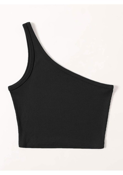Asimetrik Yaka Kolsuz Tek Omuz Askılı Siyah Renk Fitilli Crop Top Bluz fiyatları
