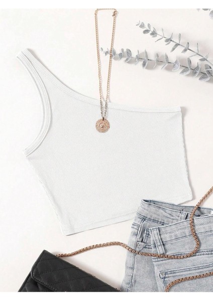 Asimetrik Yaka Kolsuz Tek Omuz Askılı Beyaz Renk Fitilli Crop Top Bluz