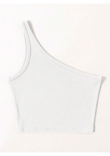 Asimetrik Yaka Kolsuz Tek Omuz Askılı Beyaz Renk Fitilli Crop Top Bluz fiyatları