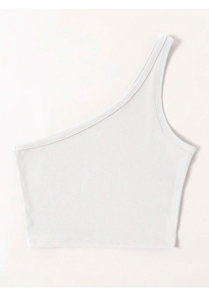 Asimetrik Yaka Kolsuz Tek Omuz Askılı Beyaz Renk Fitilli Crop Top Bluz modelleri