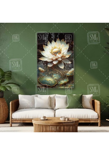 Sarı Lotus Çiçeği Gölde Beyaz Nilüfer Çiçeği Doğa Dikey Kanvas Tablo