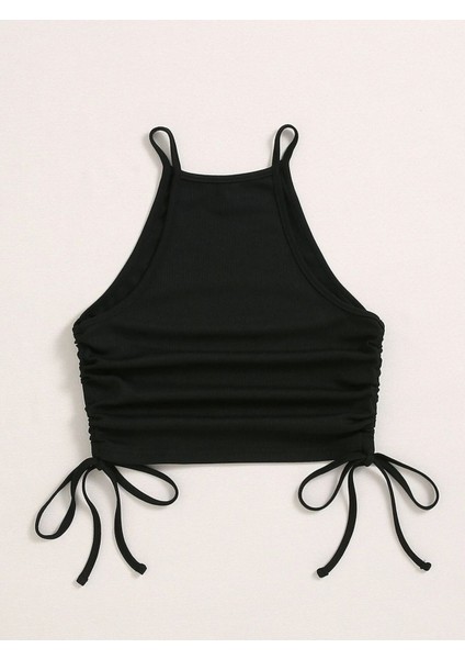 Askılı Halter Yaka Yüzücü Sırtlı Yanları Ipli Siyah Renk Fitilli Crop Top Bluz fiyatları