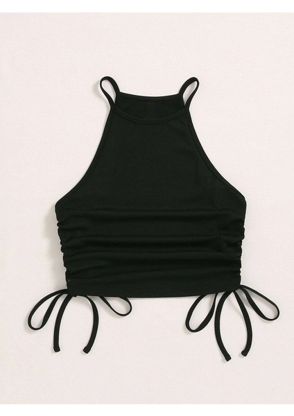 Askılı Halter Yaka Yüzücü Sırtlı Yanları Ipli Siyah Renk Fitilli Crop Top Bluz modelleri