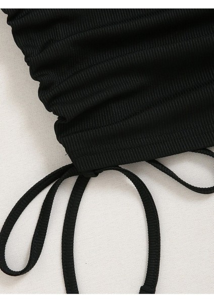 Askılı Halter Yaka Yüzücü Sırtlı Yanları Ipli Siyah Renk Fitilli Crop Top Bluz fırsatları