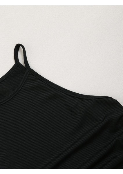 Askılı Halter Yaka Yüzücü Sırtlı Yanları Ipli Siyah Renk Fitilli Crop Top Bluz indirimleri