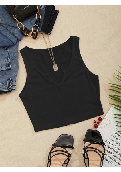 V Yaka Siyah Renk Fitilli Crop Top Bluz
