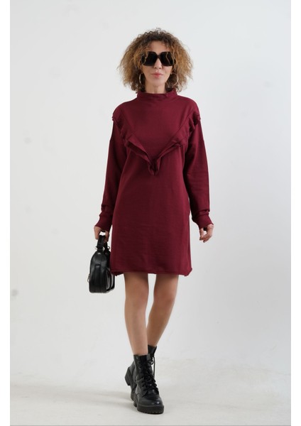 Bordo Fırfırlı Cepli Tunik